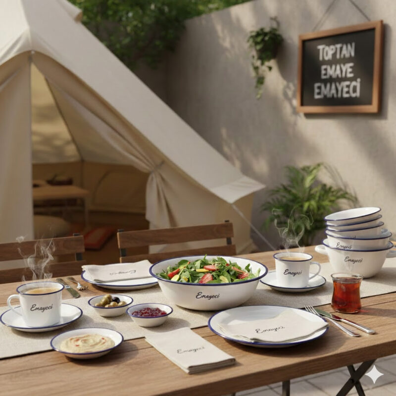 Butik işletmeler ve glamping tesisleri için özel logolu toptan emaye kahvaltı takımı ve servis sunumu.