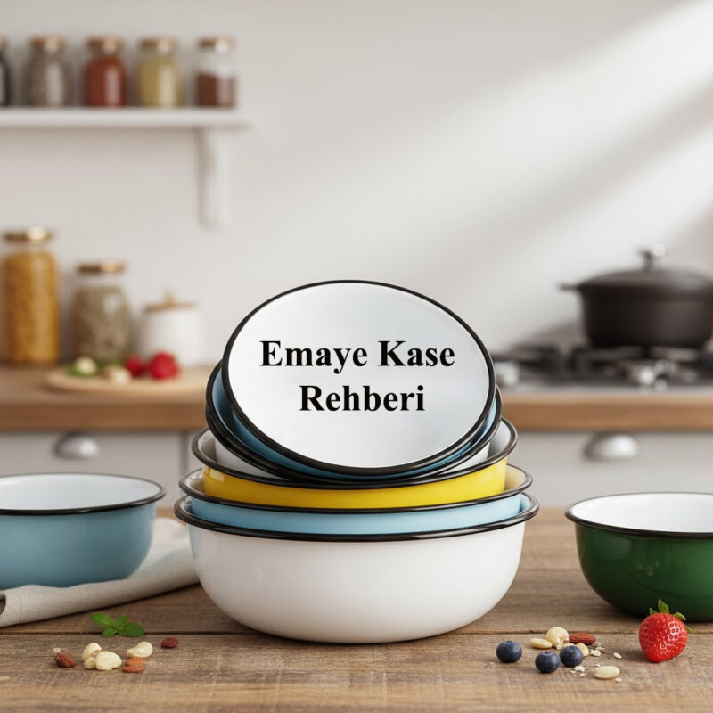 Mutfakta üst üste istiflenmiş farklı renk ve boyutlarda emaye kase modelleri ve emaye kase kullanım rehberi.